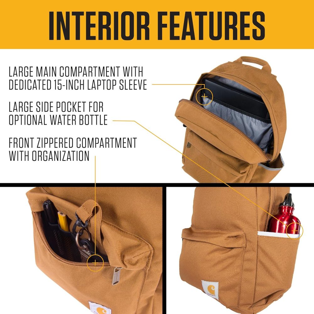 Carhartt 21L Classic Backpack, Water-Resistant Pack W/ 15" Laptop Sleeve and Organizational Compartments, Brown, PFAS Free - Image 3
