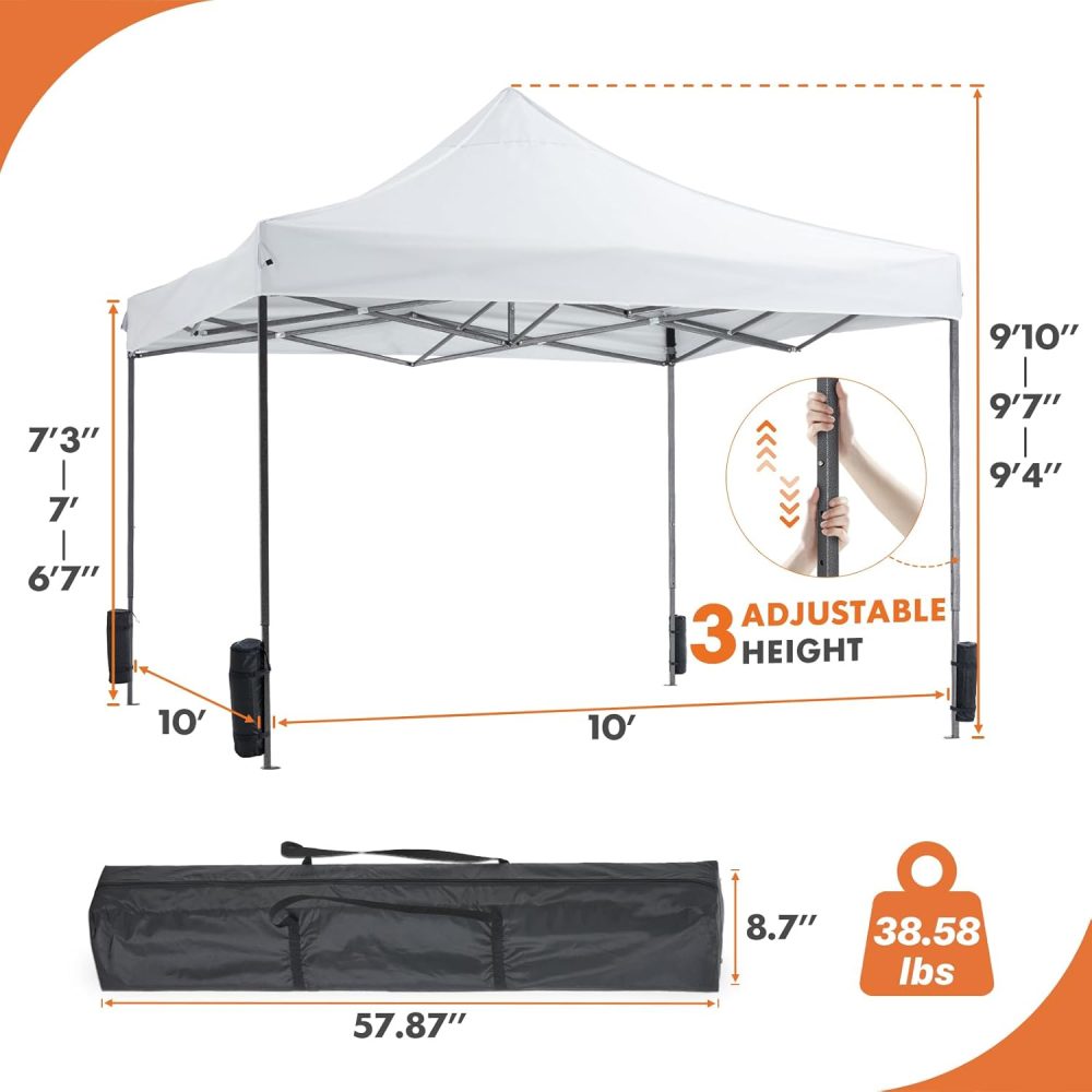 DUMOS Canopy Tents 10x10 Heavy Duty with Sand Bags, Pop Up Canopy for Vendor Market,Parties,Backyard with Carrying Bag, Waterproof Portable Tent Pop Up Shade 10FT WH - Image 5