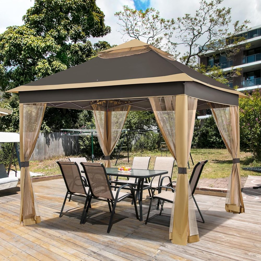 Yaheetech 11x11 Pop Up Gazebo Outdoor Canopy Shelter, Instant Patio Gazebo Sun Shade Canopy Tent with 4 Sandbags, 2 Tiers Roof & Mesh Netting for Lawn, Garden, Backyard & Deck, Brown - Image 2