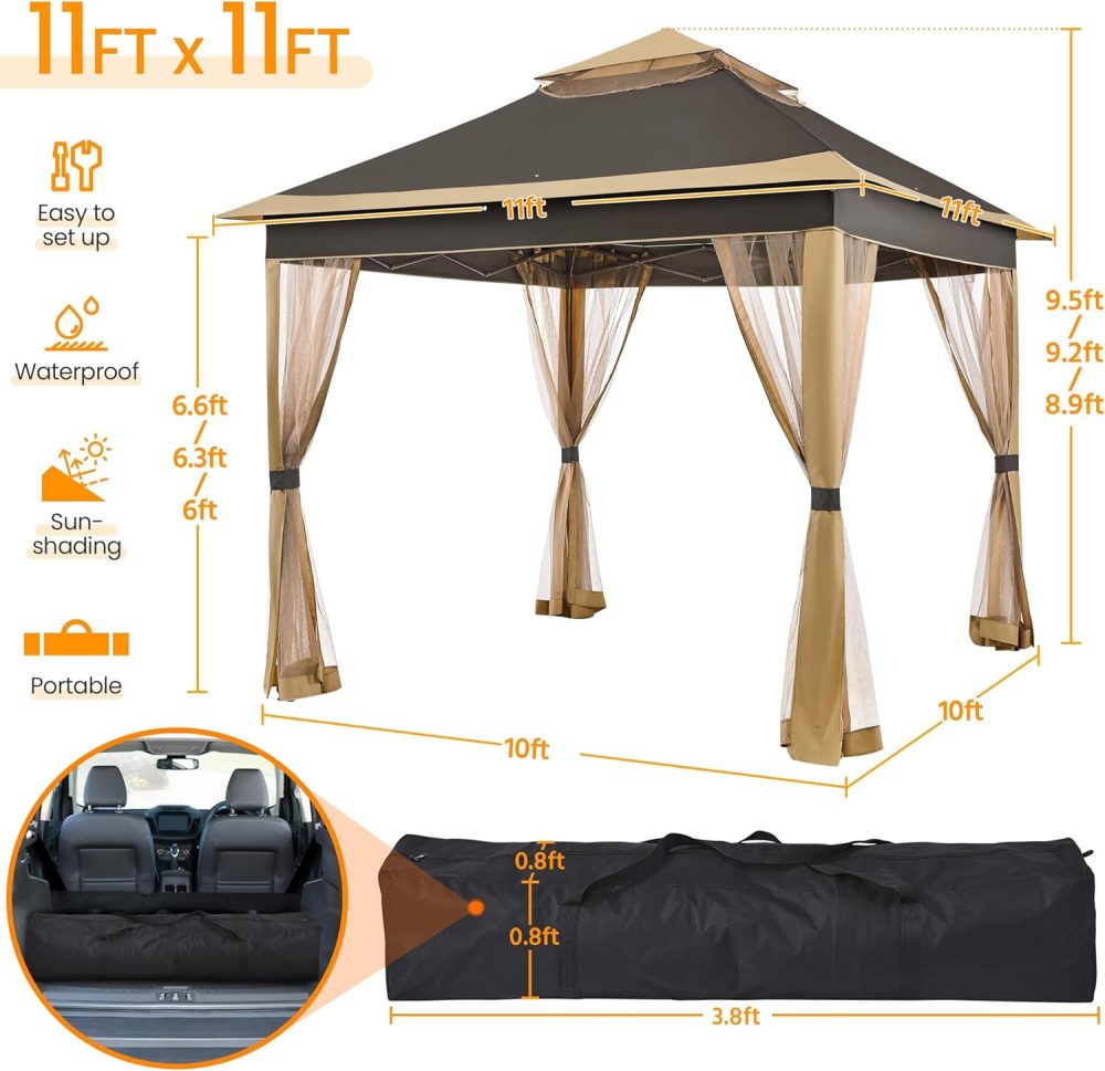 Yaheetech 11x11 Pop Up Gazebo Outdoor Canopy Shelter, Instant Patio Gazebo Sun Shade Canopy Tent with 4 Sandbags, 2 Tiers Roof & Mesh Netting for Lawn, Garden, Backyard & Deck, Brown - Image 3