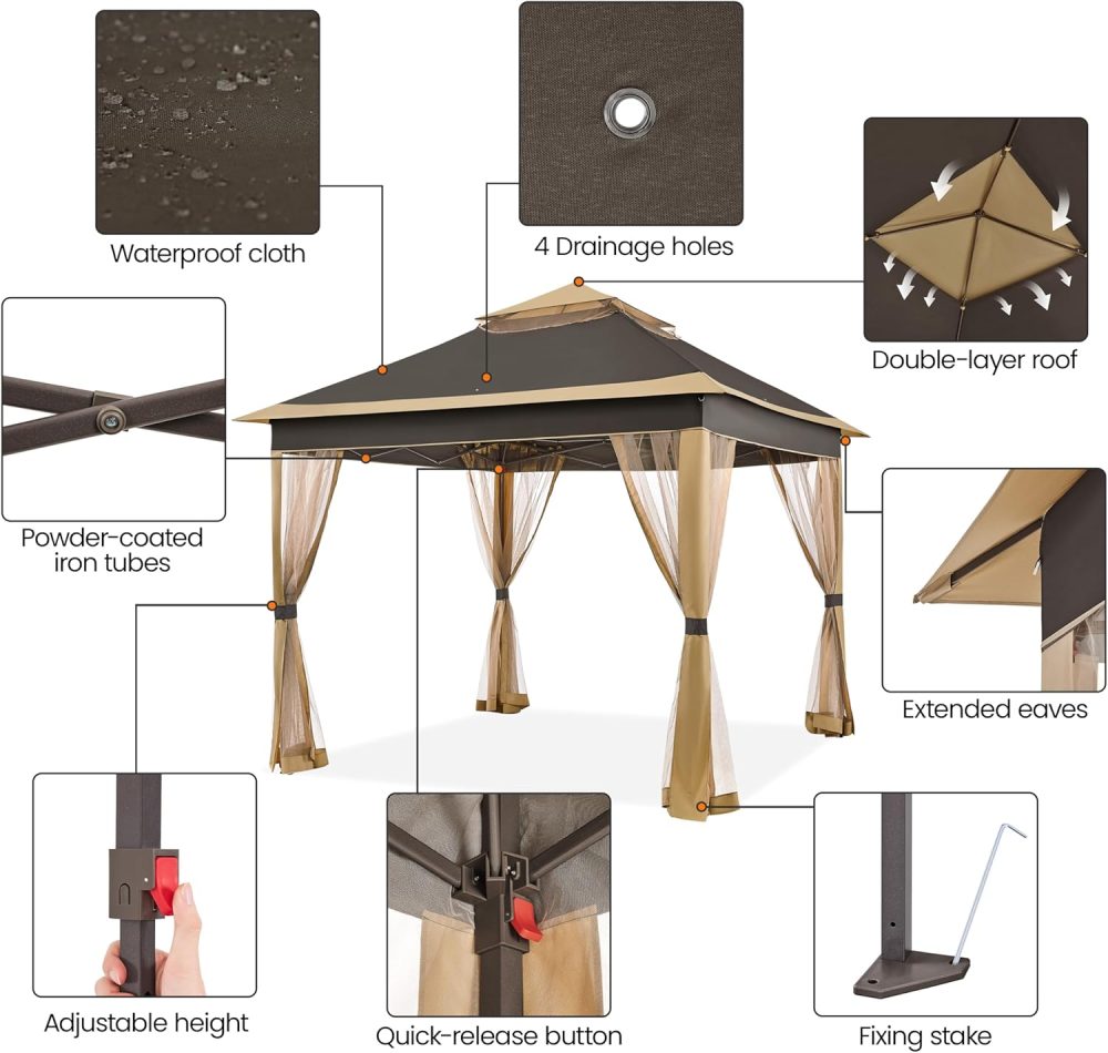 Yaheetech 11x11 Pop Up Gazebo Outdoor Canopy Shelter, Instant Patio Gazebo Sun Shade Canopy Tent with 4 Sandbags, 2 Tiers Roof & Mesh Netting for Lawn, Garden, Backyard & Deck, Brown - Image 4
