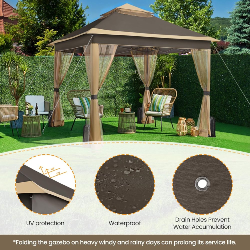 Yaheetech 11x11 Pop Up Gazebo Outdoor Canopy Shelter, Instant Patio Gazebo Sun Shade Canopy Tent with 4 Sandbags, 2 Tiers Roof & Mesh Netting for Lawn, Garden, Backyard & Deck, Brown - Image 5