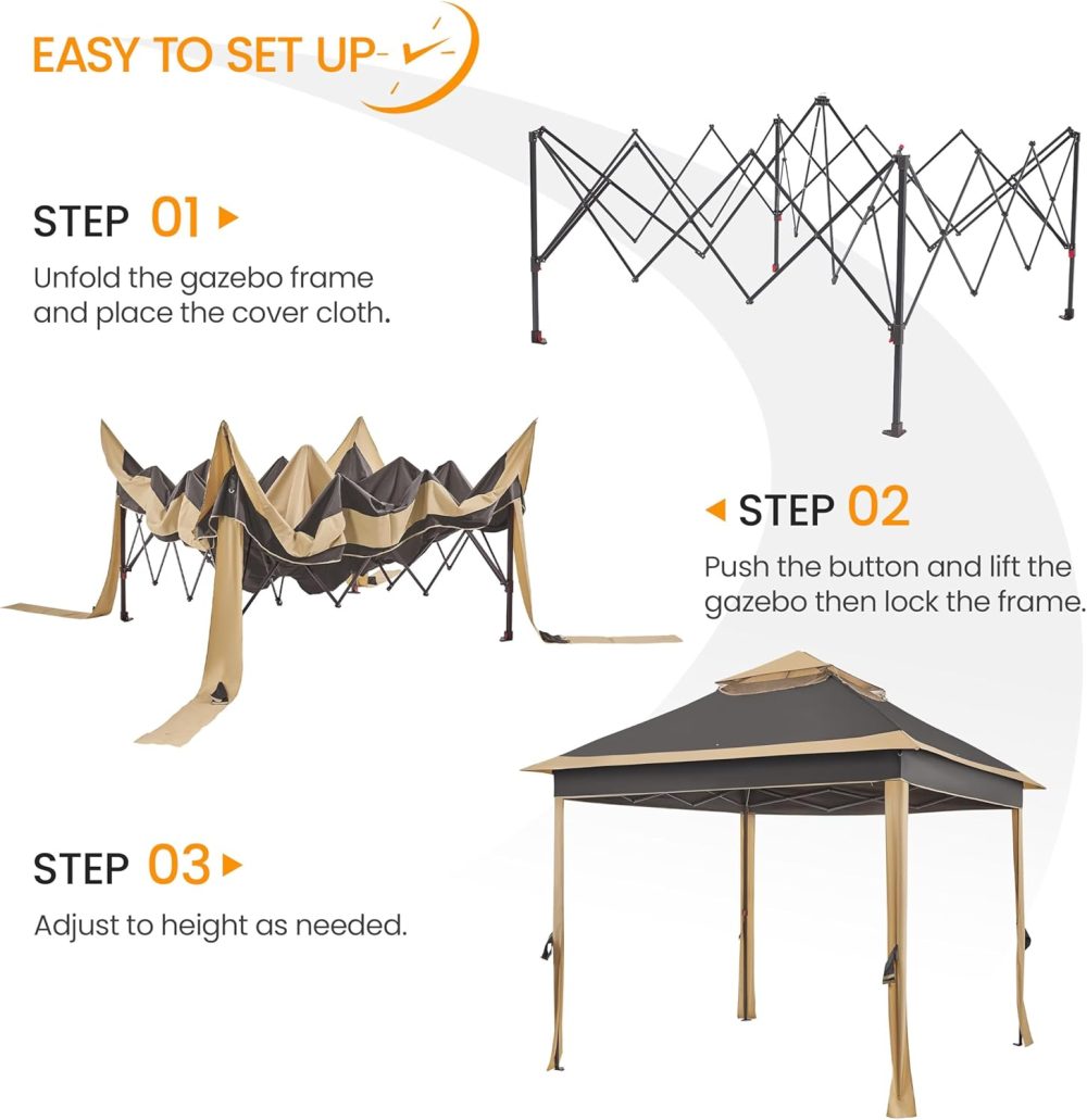 Yaheetech 11x11 Pop Up Gazebo Outdoor Canopy Shelter, Instant Patio Gazebo Sun Shade Canopy Tent with 4 Sandbags, 2 Tiers Roof & Mesh Netting for Lawn, Garden, Backyard & Deck, Brown - Image 7